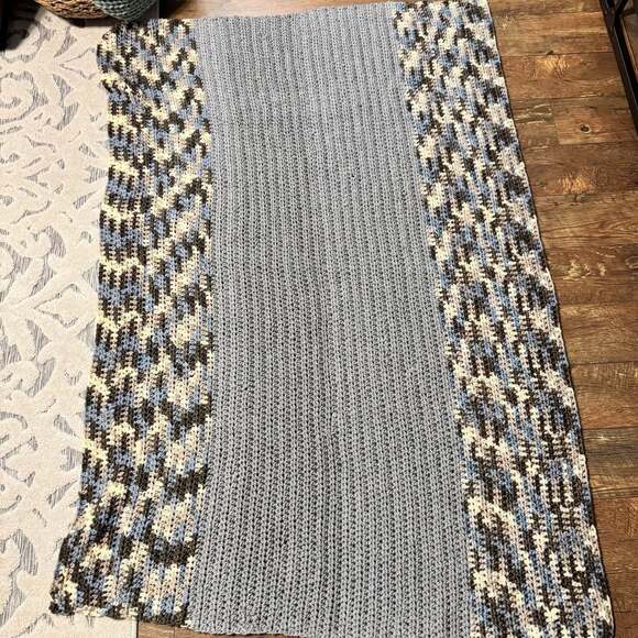 Handmade Other - Handmade Crochet Afghan Blanket Blue Grey and Cream Striped Rectangular Throw